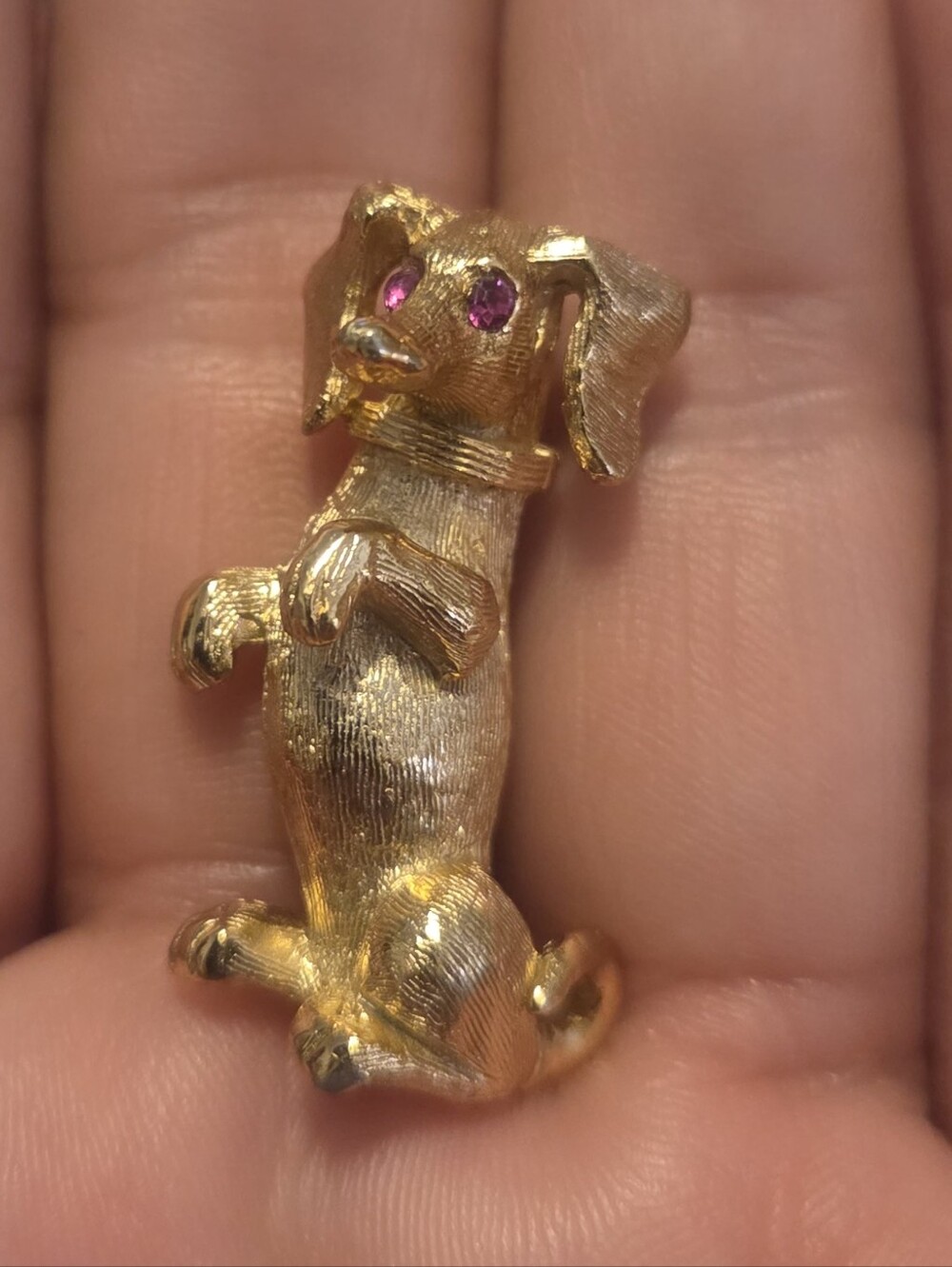 Vintage Napier Gold Tone Dog Brooch Pin Pink Rhinestone Eyes